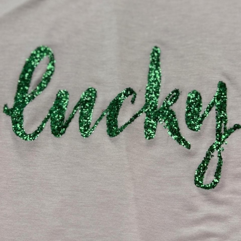 Lucky Glitter Graphic Tank White Flowy Boho Festival Top Small - Picture 3 of 8